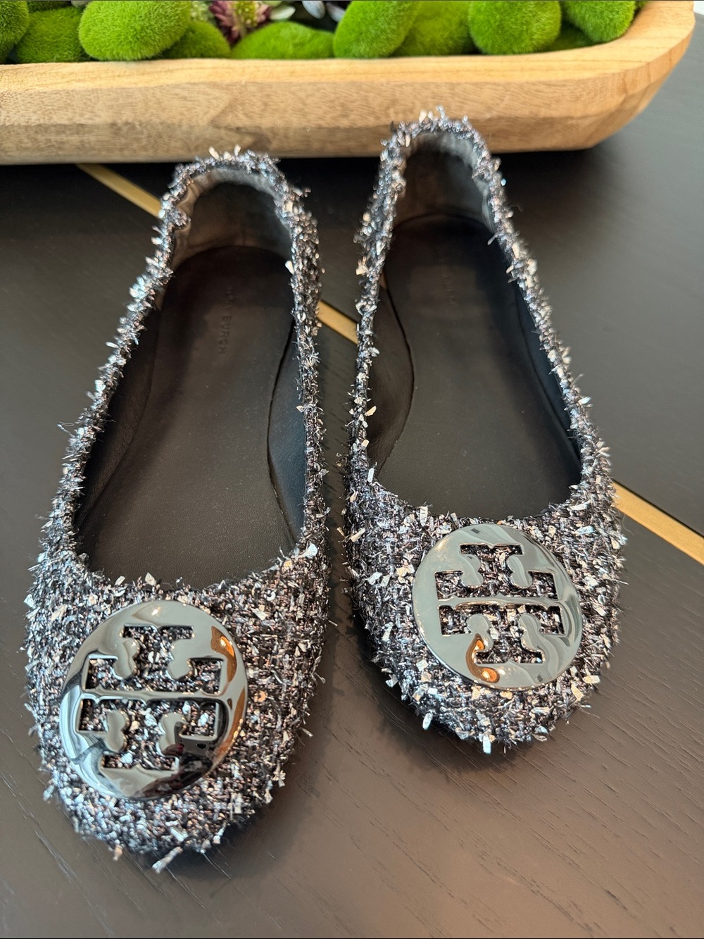 Tory Burch Metallic Tweed Ballet Flats in Black and Silver